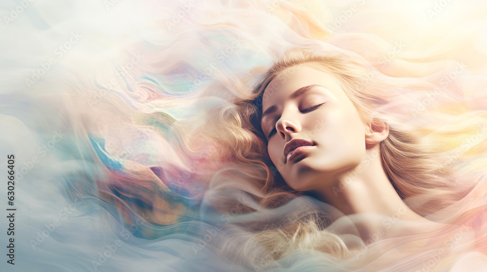 Illustration of woman sleeping and dreaming. Psychic girl considers mind and heart, spirituality, esotericism. Psychic waves concept, Generative AI illustration Illustration of woman sleeping and dreaming. Psychic girl considers mind and heart, spirituality, esotericism. Psychic waves concept, Generative AI illustration