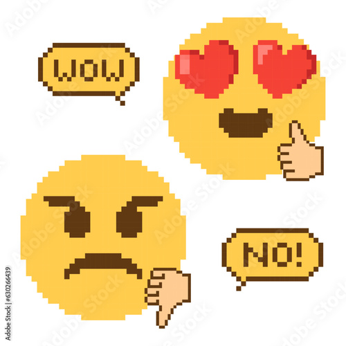 Like and dislike emoji pixel art, thumbs up and thumbs  down with speech bubble