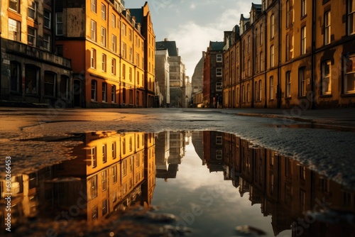 Old town tenements reflecting in a puddle after rain.	