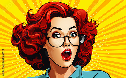 Wow effect, pop art woman with wow face. Retro pop art style surprised and excited comics woman with open mouth, surprised woman on Pop art background.