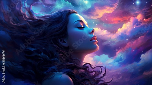 Illustration of woman sleeping and dreaming. Psychic girl considers mind and heart  spirituality  esotericism. Psychic waves concept  Generative AI illustration