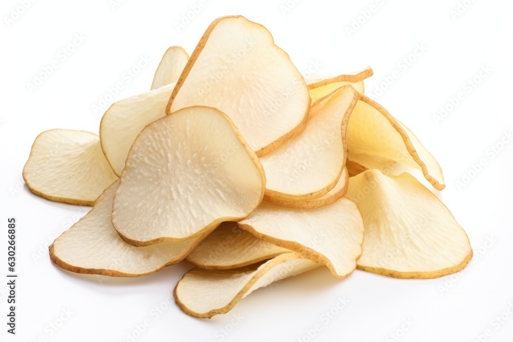 Pear chips on white background