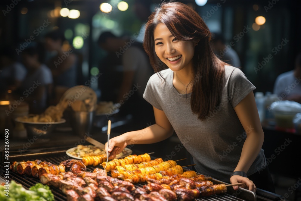 portrait of beautiful girl at barbecue grill party. Outdoors party portraits in garden outdoors