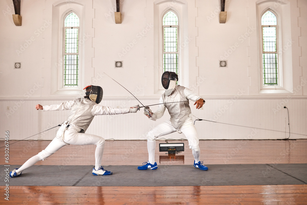 People, fighting and fencing with a sword in competition, duel or combat with martial arts fighter and athlete with a weapon. Warrior, blade and person in creative fight, exercise or fitness