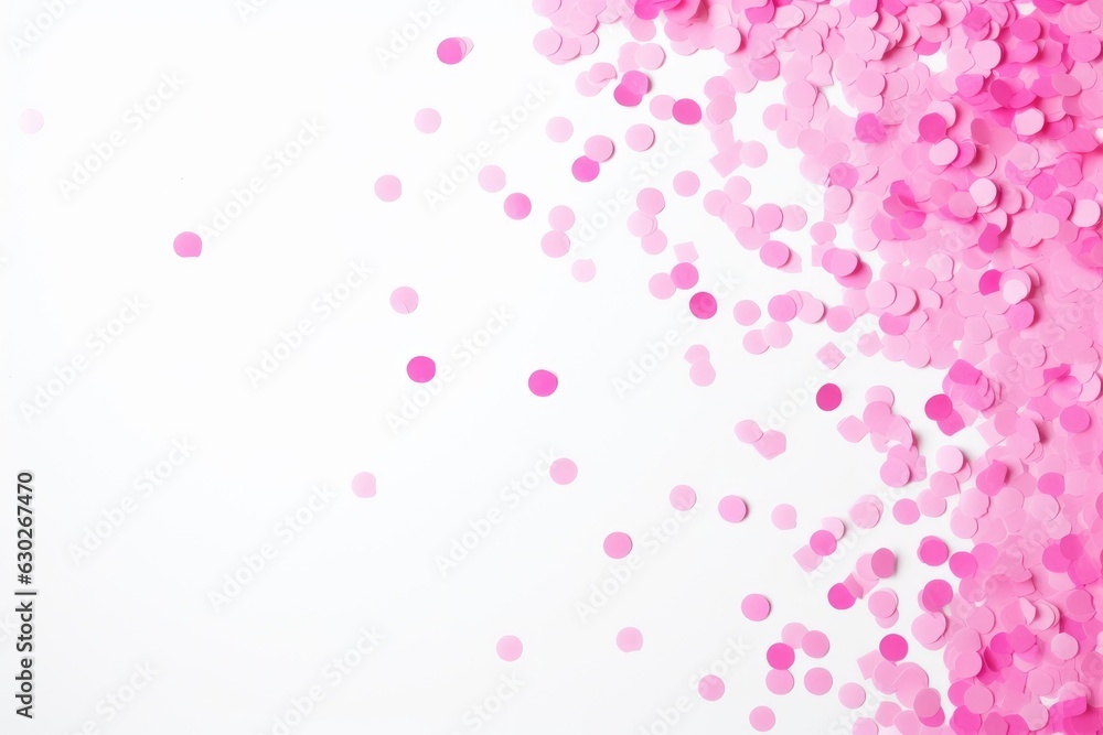 Pink confetti on white background. Pink background. Holiday background.	