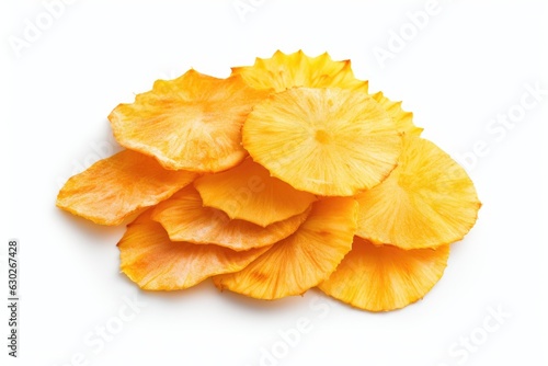 Pineapple fruit chips on white background. 