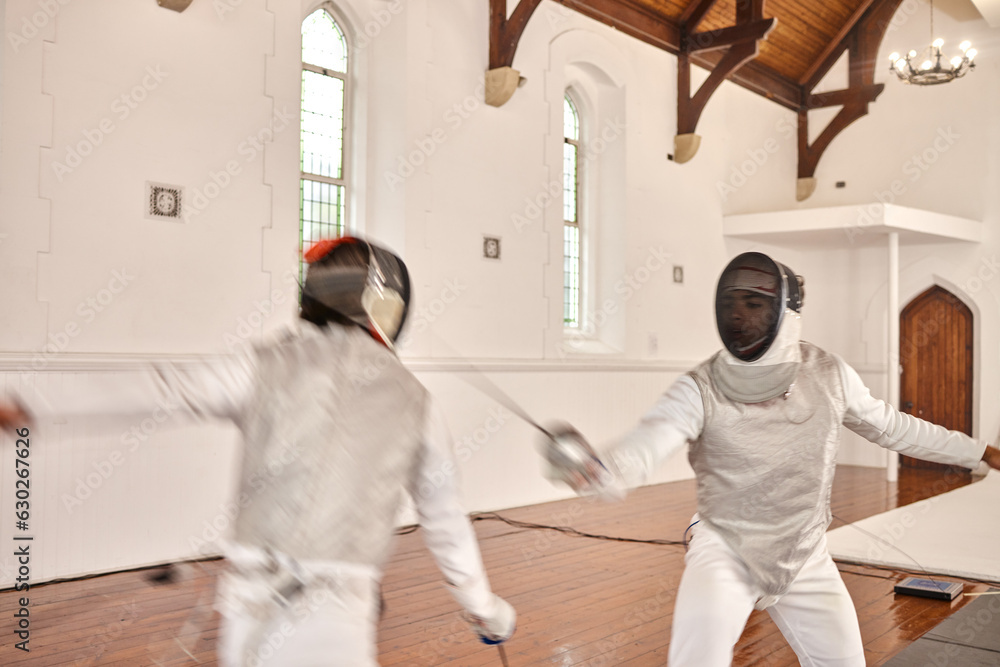 Fight, sport and people with fencing sword in training, exercise or workout in a hall. Martial arts, foil and fencer men with a mask and costume for fitness, competition or stab target in swordplay