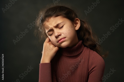 Girl having ear pain touching his painful head isolated on gray background