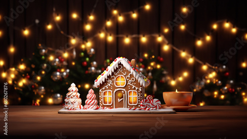 Lebkuchenhaus mit wunderschönen Hintergrund Dekoration mit glitzerlichter und Bokeh als Druckvorlage und Werbemittel, ai generativ