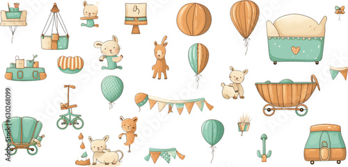 set baby nursery element set clip art, in the style of whimsical cartoon-style, light amber and turquoise, 3840x2160, letras y figuras, letterboxing, colorful cartoon, dark beige, white background