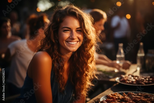 Portrait of happy young woman barbecuing at park. Garden party outdoors with drinks, friends social concept.