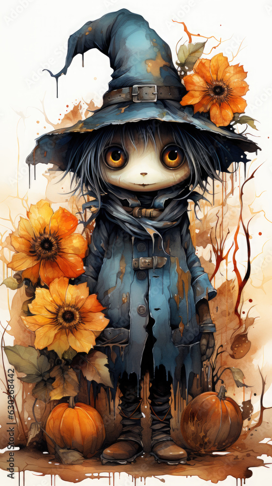 A painting of a little girl dressed as a witch. Cute Autumn character, Halloween costume.