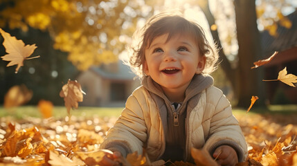 Portrait of young joyful child having fun throwing leaves in autumn.