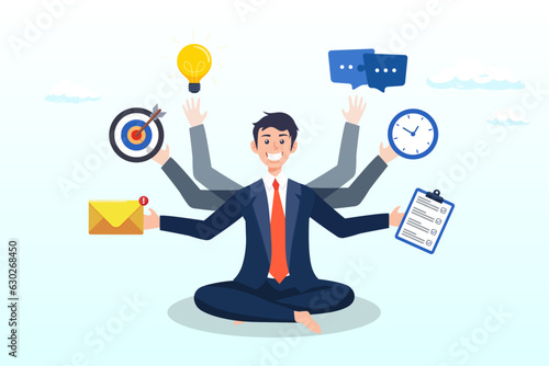 Productive man with multiple hands handle multitasking job, multitasking or manage project, task or work efficiency, productivity or time management, workload balance or work responsibility (Vector)