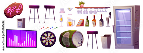 Cartoon set of bar interior elements isolated on white background. Vector illustration of pub furniture, cocktail glasses, bottles of alcoholic beverages, beer barrel, fridge, tv screen and darts