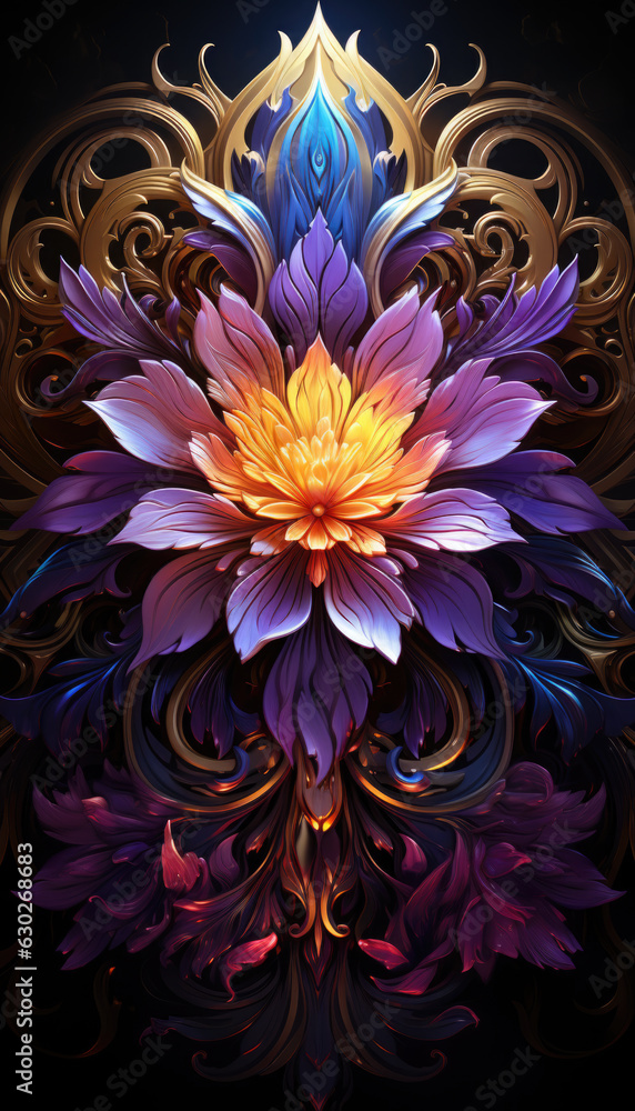 Obraz premium A large flower with many colors on a black background.
