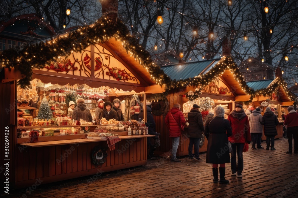 Christmas market filled with stalls selling handcrafted ornaments, seasonal treats, and unique gifts, creating a magical and bustling atmosphere - Generative AI