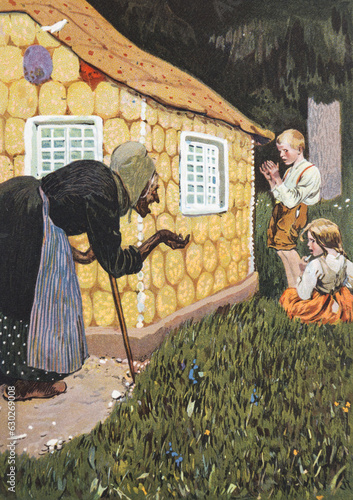 Alcochete, Portugal – February 24, 2016 : Hansel and Gretel. Illustration from a Grimm Brothers Fairy Tales Book published in the 1920s. photo