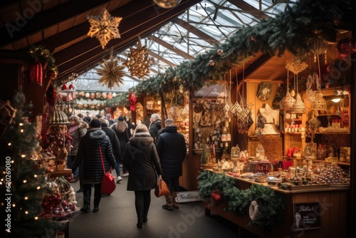 Christmas market filled with stalls selling handcrafted ornaments, seasonal treats, and unique gifts, creating a magical and bustling atmosphere - Generative AI