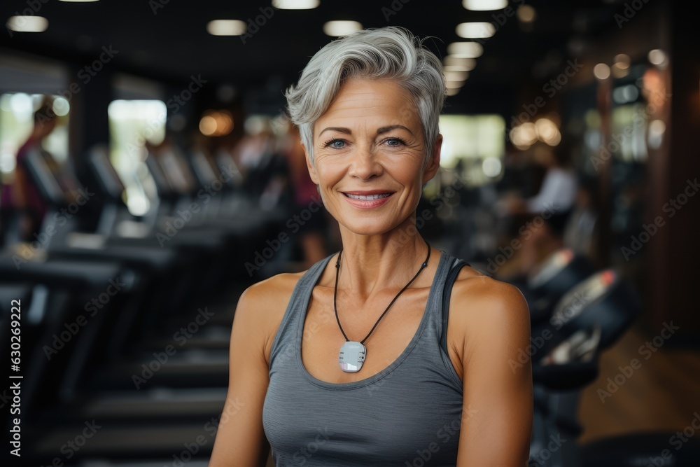 Portrait of mature slim woman smiling at camera while training in gym, generative AI