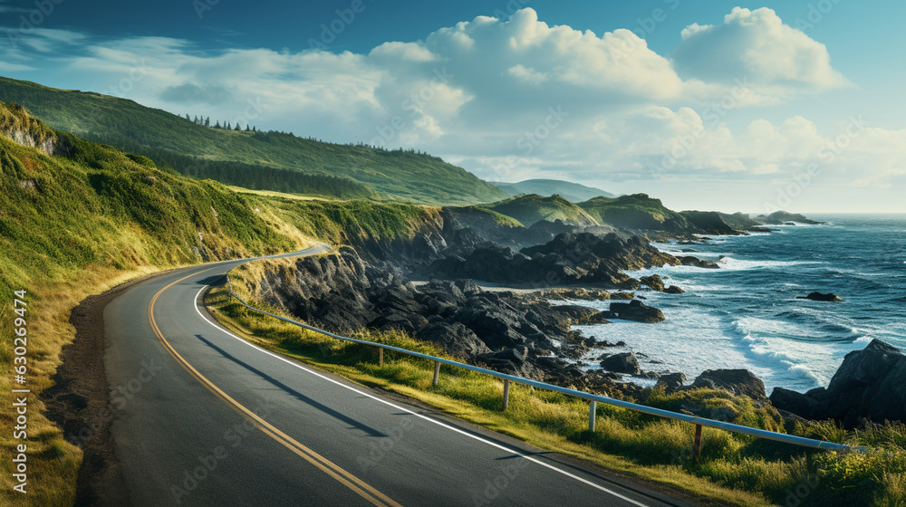 A thrilling drive on a scenic coastal route, with waves crashing against rugged cliffs A thrilling drive on a scenic coastal route, with waves crashing against rugged cliffs