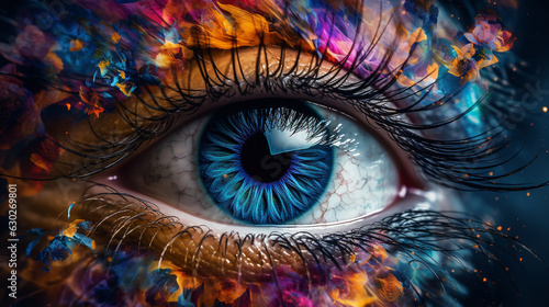 Iris Nahaufnahme Visagistik am Auge mit bunten Farben, ai generativ