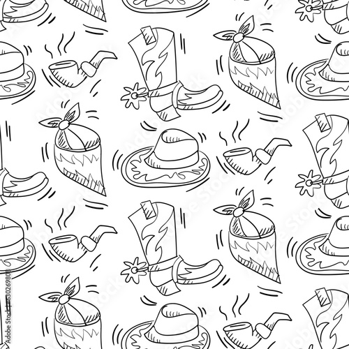 Contoured black and white pattern in Western style, cowboy. Hat, bandana, pipe, shoe. Seamless vector for printing on paper and textiles. Thematic packaging. Western Party