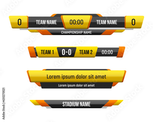 Football elements for broadcasting match. Sport scoreboard with time, information and result display. Vector template for your design.