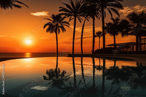 Sunset with silhuettes palm and reflection in swimming pool  © kramynina