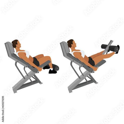 Woman doing seated machine leg extensions exercise. Flat vector illustration isolated on white background
