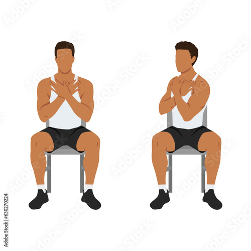 Man doing seated gluteal and lumbar rotation or chair twist exercise. Flat vector illustration isolated on white background