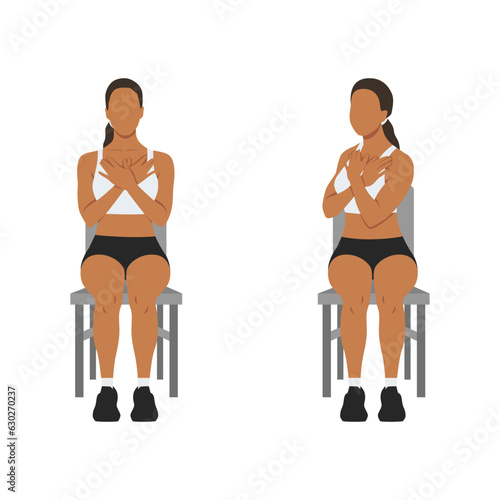 Woman doing seated gluteal and lumbar rotation or chair twist exercise. Flat vector illustration isolated on white background