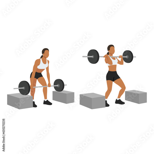 Woman doing barbell cleans or box cleans or block cleans exercise. Flat vector illustration isolated on white background