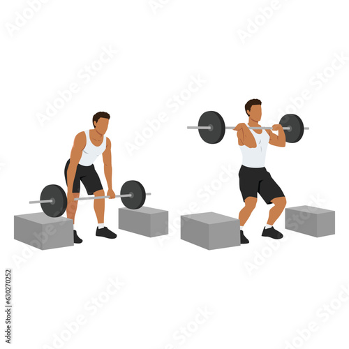 Man doing barbell cleans or box cleans or block cleans exercise. Flat vector illustration isolated on white background