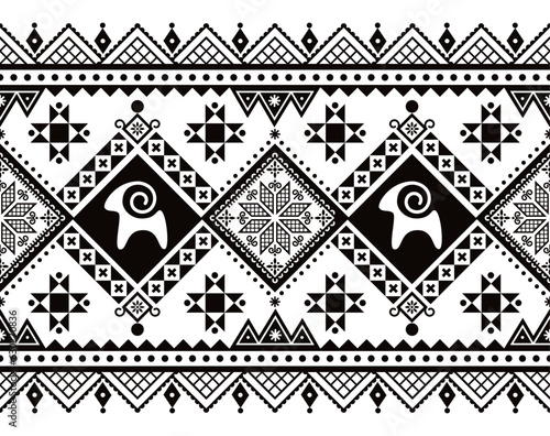 Easter eggs design from Ukraine vector seamless long horizontal pattern with goats and stars, Easter eggs repetitive design Hutsul Pisanky in black and white