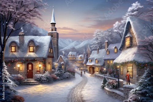 Painted charming snowy village scene with houses covered in twinkling lights and snowmen standing tall, evoking the nostalgic charm of a white Christmas - Generative AI