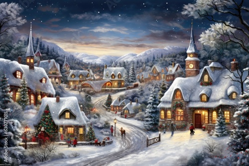 Painted charming snowy village scene with houses covered in twinkling lights and snowmen standing tall, evoking the nostalgic charm of a white Christmas - Generative AI