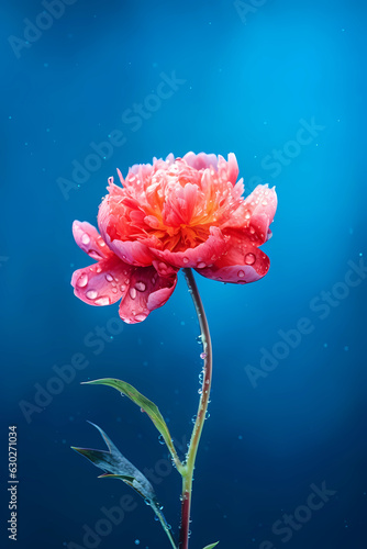 Pink peony with water drops on the petals close-up on a blue background. Place for text. Copy space. Design. vertically. 