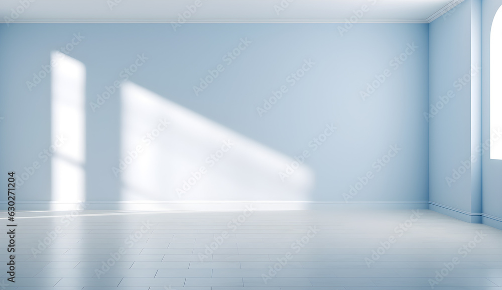 Minimal abstract light blue background for product presentation. Shadow and light from windows on plaster wall. AI generated. Minimal abstract light blue background for product presentation. Shadow and light from windows on plaster wall. AI generated.