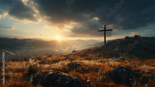 the cross of the gods in the sunlight cross on the hill religious concept