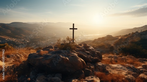 the cross of the gods in the sunlight cross on the hill religious concept