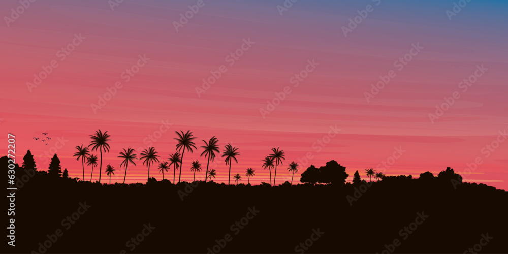 Palm trees on hill silhouetted sunset vector illustration with blank space at the sky. Island with dramatic sky background.