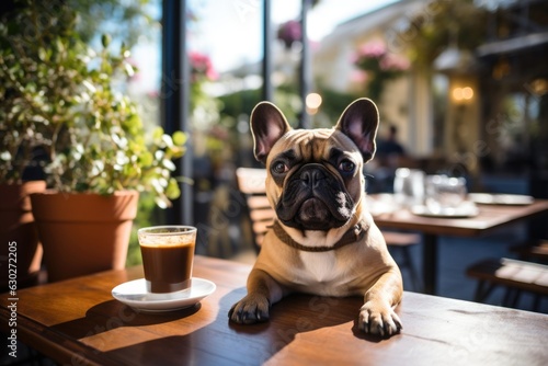 Cute bulldog sitting in the cafe with his paws on the table with cup of coffee