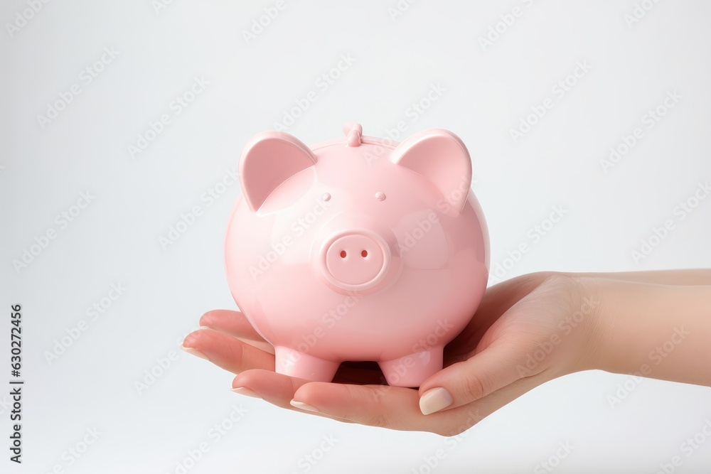 Pink pig piggy bank on female palm on white background