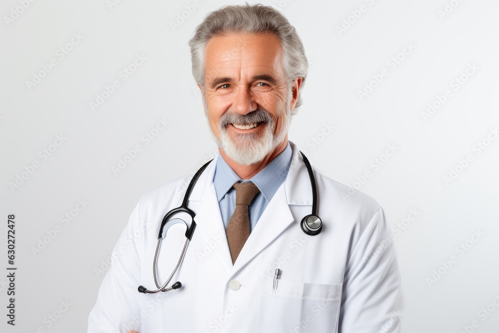 Portrait of friendly mature doctor in white coat smiling at camera on white background, generative AI Portrait of friendly mature doctor in white coat smiling at camera on white background, generative AI