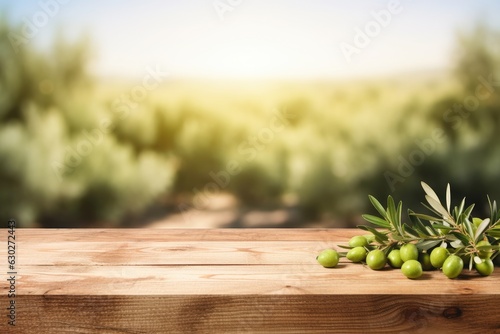 Old wooden table for product display with natural green olive field and green olives