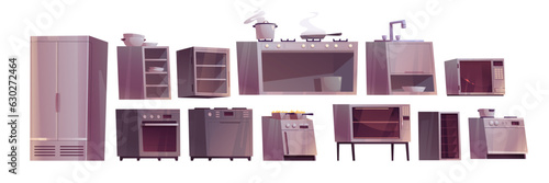 Professional equipment on restaurant kitchen. Commercial kitchen interior with furniture and appliances for cooking food, fridge, oven, microwave, sink and plates on table, vector cartoon set