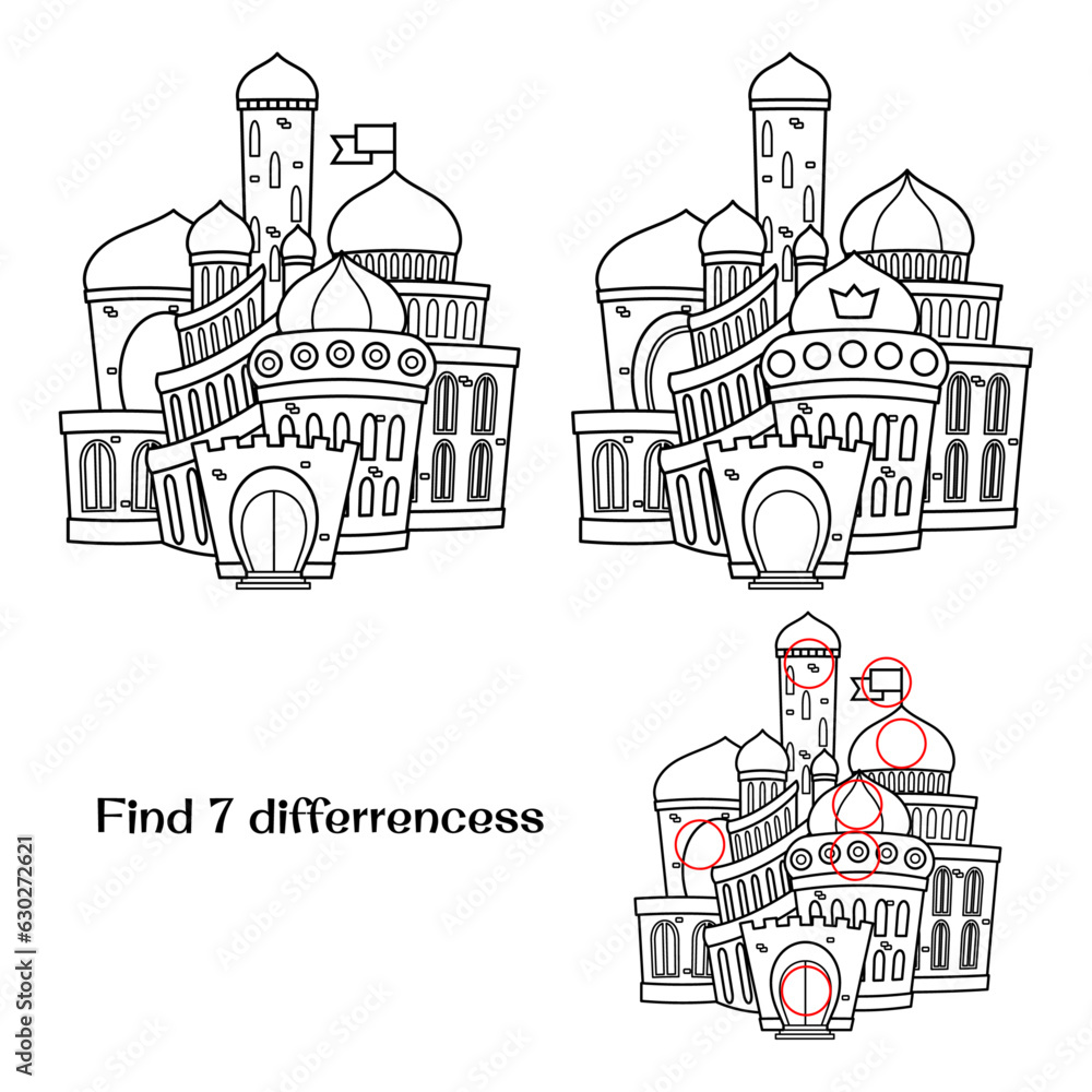 Fairytale castle. Find 7 differences. Tasks for children. Vector illustration