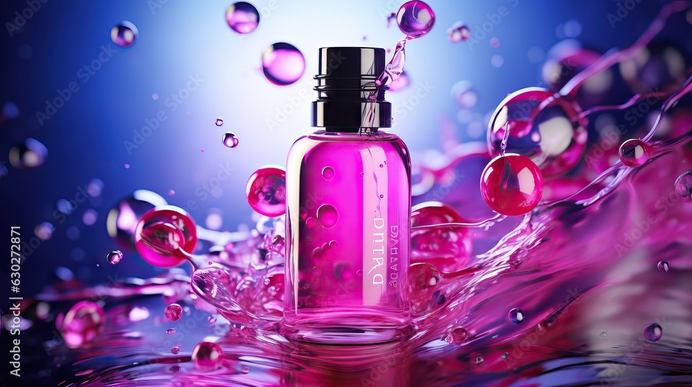 Cosmetic bottle on water texture background with splashes Cosmetic bottle on water texture background with splashes