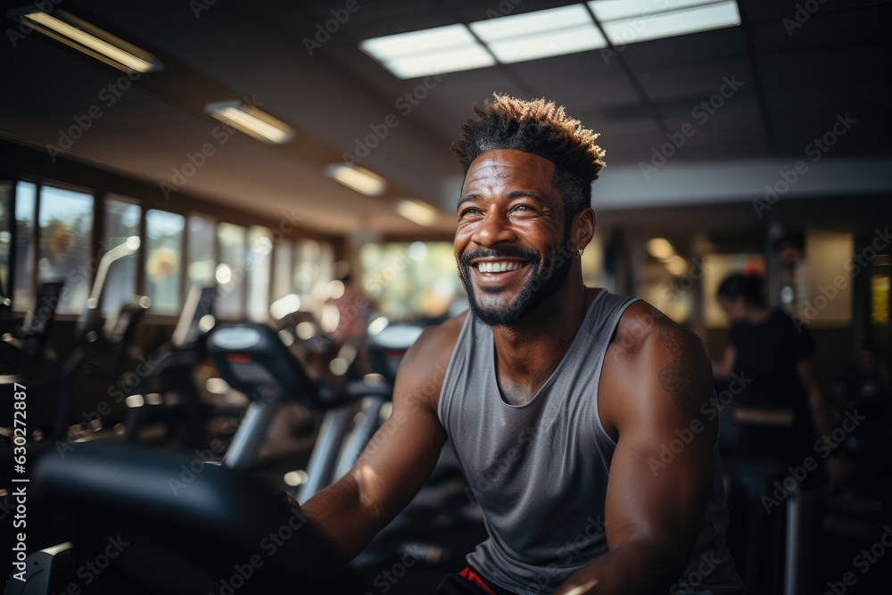 Happy African American man training on sport equipment in gym, generative AI - obrazy, fototapety, plakaty 